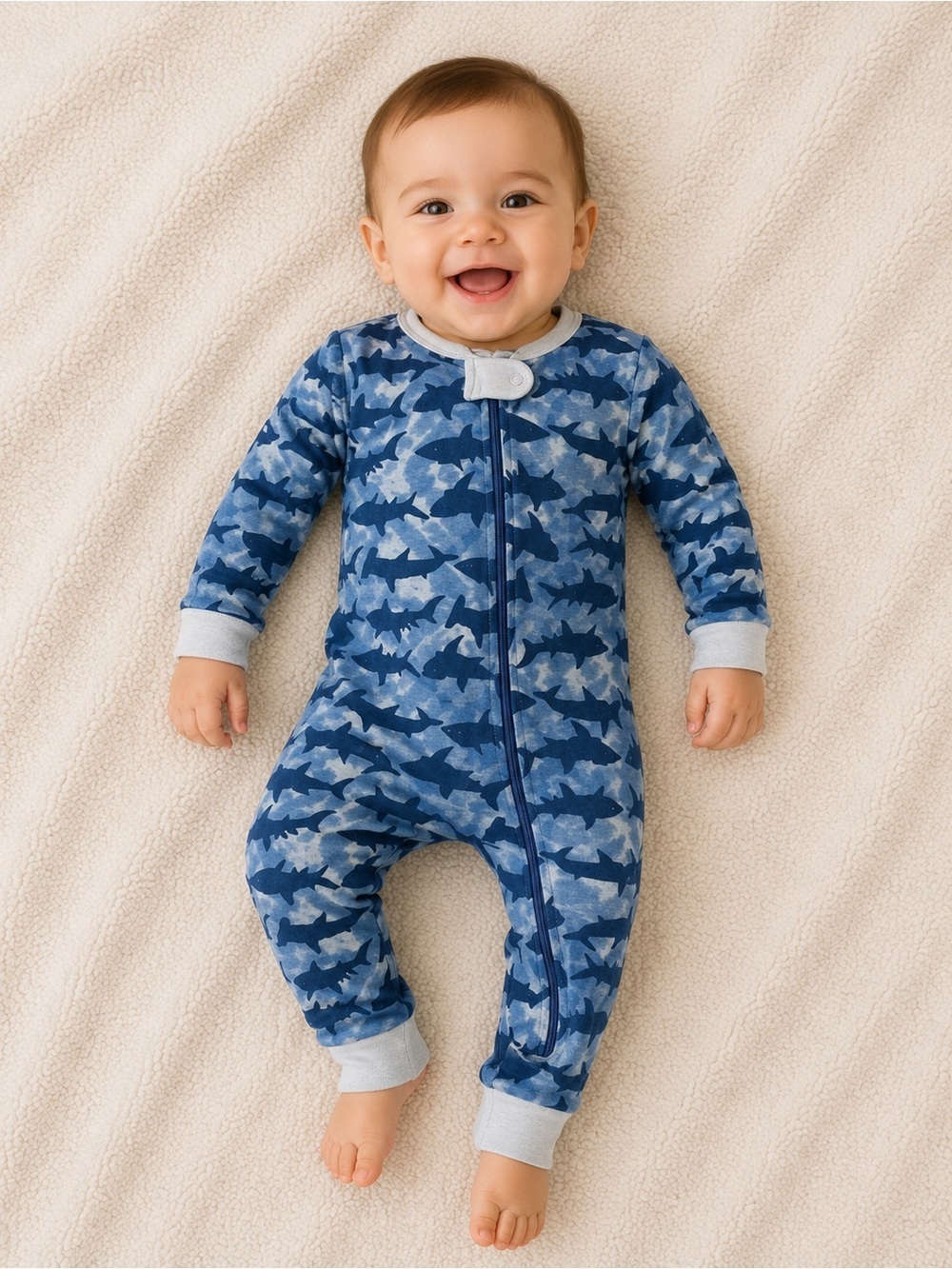 12 MTH Burt's Bees Navy and Light Blue Shark-Print One-Piece